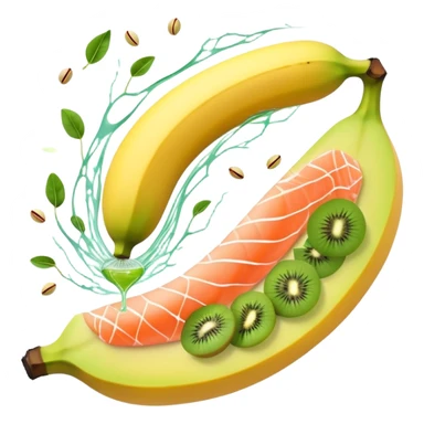Banana, spinach, salmon fillet, sliced kiwi, pistachios, and a glass of orange juice emitting electrical sparks that flow toward a heart and nervous system. The electrical currents highlight the role these potassium-rich foods play in maintaining heart rhythm and muscle function. sticker