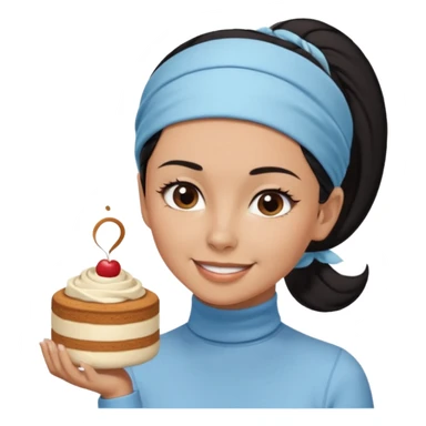 tan skin woman with long face, and short black hair slicked back ponytail with forehead showing, wearing a light blue headband and wearing pale blue turtleneck shirt, eating tiramisu smiling with hair pulled back sticker