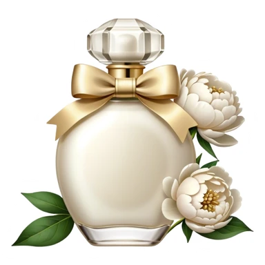 pearl white vintage style perfume bottle and ivory colored peonies and a gold bow sticker