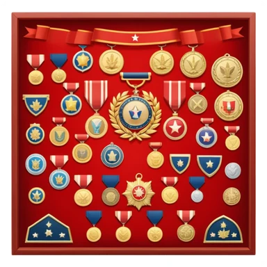 Icon for Collecting Orders, Medals & Badges: a variety of vintage orders, medals and badges, displayed neatly on a big red pennant or in a display case. The icon should reflect the honor and historical significance of these collectible items. Transparent background. sticker