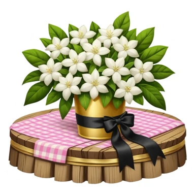A lush bouquet of white color Jasmin black satin ribbon, resting on an antique wooden table, with a pale yellow and pink plaid pattern table cloth sticker