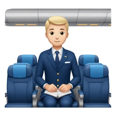 A  male courteous flight attendant checking seat rows with a polite, attentive posture. sticker