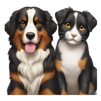 A Bernese dog next to A tortoiseshell cat without white sticker