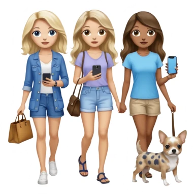 Three pretty women in cute summer clothes holding iPhone, hazel eyed light skin with dark blonde long hair and light skin hazel eyed long wavy dark hair, blue eyed light skin long blonde hair walking 2 dogs,blue and gray spotted Merle Frenchie, black and tan chihuahua  sticker