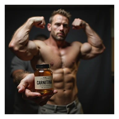 realistic bodybuilder in competition pose holding a vial with a label reading 'CARNITINA' in large block letters, 4k quality sticker
