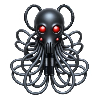 network of dark black wires and tubes forming a surreal creature, wrapped in black rags and bondage, Giger-inspired sticker