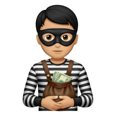 Crea un ladrón con un sombrero de delincuente y un saco de dinero, el ladrón tiene una camisa de rayas negras y blancas y el rostro un antifaz color negro. sticker