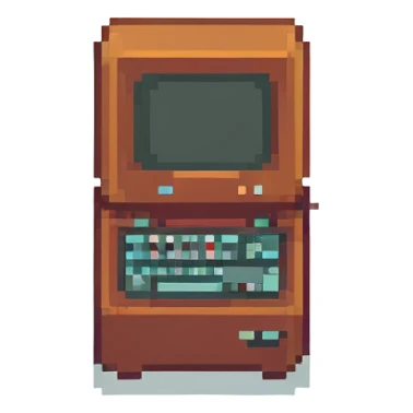 A pixel art style business card with a blue background and white text, featuring a simple, retro computer icon. sticker