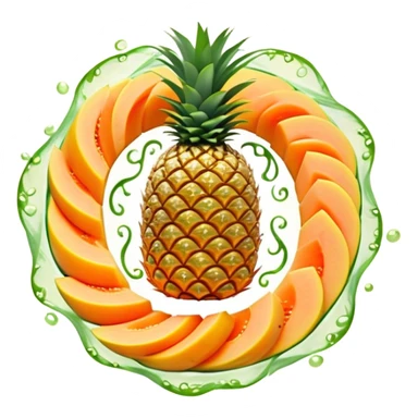 Golden pineapple slices, translucent papaya pieces, and green sprouts floating in a gentle spiral around a luminous stomach, with flowing light lines swirling like whirlpools, representing light, clean, and vibrant digestion. The foods emit a soft glow showing their enzymatic properties. sticker