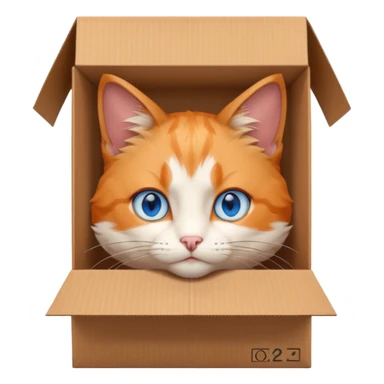 anime character cat that is orange cat, that its body is inside of a brown box. cats eyes are blue , but head is showing up. show half the box sticker