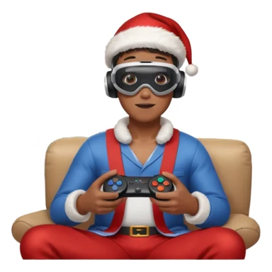 Homme photographe noir, week-end détente, équipé d’un appareil photo pro. Dans un décor Noël chaleureux, Père Noël à côté, sapin illuminé, lumières douces. L’homme porte un casque VR autour du cou ou sur la tête, et une manette PS 2025 dans la main libre. Ambiance festive, réaliste, couleurs nettes sticker