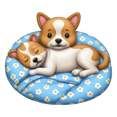 Quiero un emoji de un perro que esté durmiendo en su cama y tenga un pijama que pone ZZZ sticker