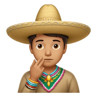 person deep in thought, wearing a traditional Mexican sombrero. The character has a neutral or slightly furrowed expression, one hand gently touching their chin in a classic thinking pose.  sticker