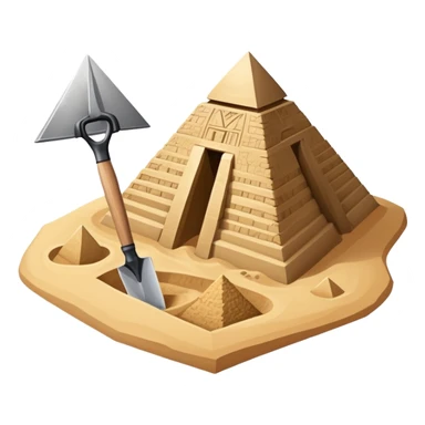 An icon showing archaeological tools like a trowel, brush, and pickaxe placed on sandy ground, with an Egyptian pyramid in the background. The design symbolizes excavation and discovery of ancient history, blending tools and iconic landmarks. Transparent background. sticker