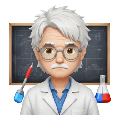 Portrait of an eccentric inventor with messy white hair, round goggles on forehead, sad face , wearing a slightly burnt lab coat, background of workshop with blueprints and tools sticker