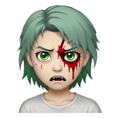 3D emoji-style avatar with grey zombie skin, dark brown hair, a young Asian face, and large green eyes with blood tears. Give it white litle bit messy middle hair style , silver hoop earrings, and a plain white T-shirt. The face expression should be slightly angry, with vampire fang sticker