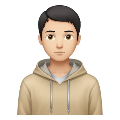 man with short black hair, slender build, light brown hoodie over white inner garment, silver necklace, calm demeanor, gentle expression, looking straight ahead sticker