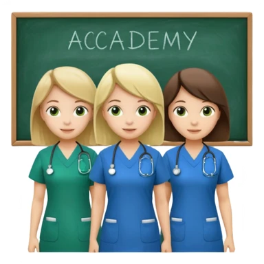 3 different nurses, wearing green and blue work clothes, in a classroom, "Academy" written in white on board sticker