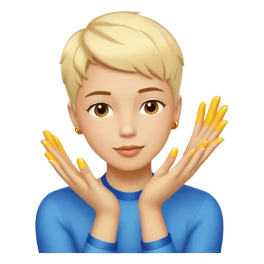 gender-neutral person with short hair gently kissing their glowing golden hands, showing pride and warmth, radiant hands, playful proud face, bold colors, smooth shading, minimal details, emoji style, white or transparent background sticker