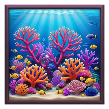 Cinematic Realistic Coral Reef Emoji in a wooden frame, Vibrant and alive, with colorful corals in hues of pink, purple, and orange, swaying gently with the underwater currents. Schools of tropical fish dart between the coral, with soft rays of sunlight piercing through the clear blue water above, creating a magical, serene underwater world. Soft glowing outline, capturing the essence of the bustling, colorful, and peaceful aquatic paradise. sticker
