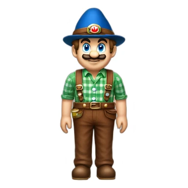 bavarian october fest visitor in super mario style. With a grean hat, blue and white shirt and brown leather pants.  sticker