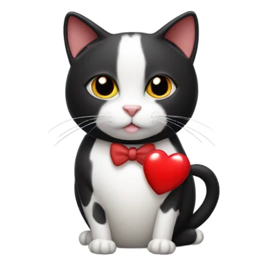 Tuxedo cat with black mole on his right cheek, holding a heart sticker
