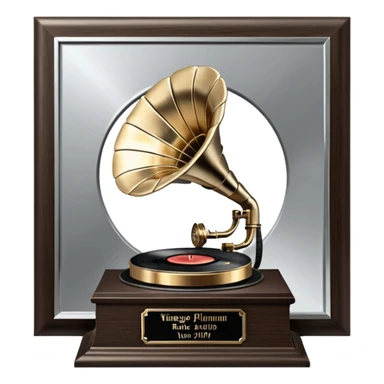 A platinum music award plaque: a square, polished platinum plate with a subtly textured, mirror-like finish, mounted on a simple dark wood base. The center features a relief of a vintage gramophone or stylized vinyl record in a slightly darker metallic tone.  sticker