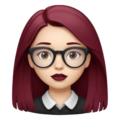 white-skinned girl with long brown hair showing maroon under hair, brown glasses, brown lipstick sticker