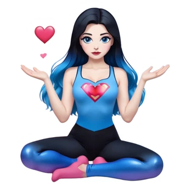 show full body-very very large chest-hands making heart-long legs-stunning beautiful face-black leggings-hands making heart emoji-light pink lips-very long straight-dark-black to blue ombre hair-and-blue-eyes-thick-black-eyeliner-thick-long-eyelashes-sky blue with glitter superman low cut tanktop sticker