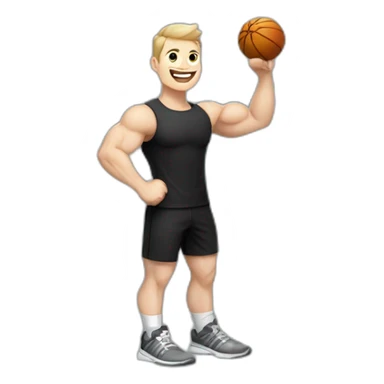 Joyful Celebrating victory Pale skinned Fit Man With the biceps and dark brown hair in black shirt, gray sports shorts and white Sneakers sticker