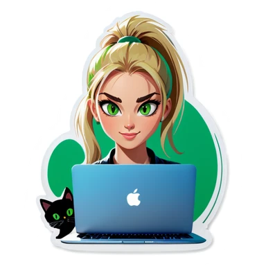 Blonde woman ponytail green eyes with cat and MacBook sticker
