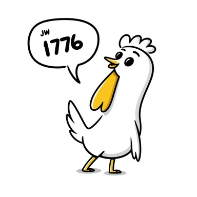 shouting yellow long neck chicken with a funny expression, 'JW 1776' in a speech bubble sticker