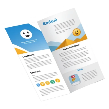 tri-fold brochure opened, with simple layout lines and image placeholders. sticker