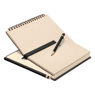"Aesthetic emoji of a simple sketchbook with a light beige cover, a black spiral binding, and a wooden pencil resting diagonally, minimal yet elegant." sticker