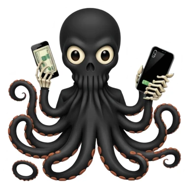 satanic octopus skeleton with scary evil eyes, wearing a black balaclava. 1 tentacle is holding a cellphone, 1 tentacle is holding a bone, 1 tentacle is holding a stack of cash. sticker