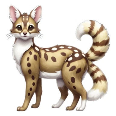 Colorful dark realistic chocolate-brown tropical beige fur glorious divine exotic cute cool beautiful shiny beautiful fantasy-Furret-Eevee-caracal-civet-genet-sergal-vernid-Cacomistle-oncilla-animal-Fakémon-hybrid-fursona with white deer-spots pattern markings (full body) sticker
