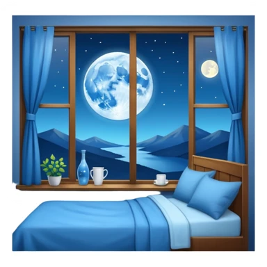 cozy blue apartment interior with a window showing the moon sticker