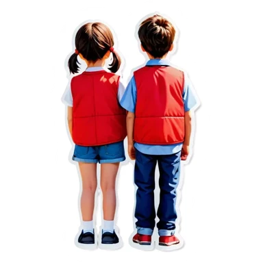 boy and girl in red vests facing back sticker