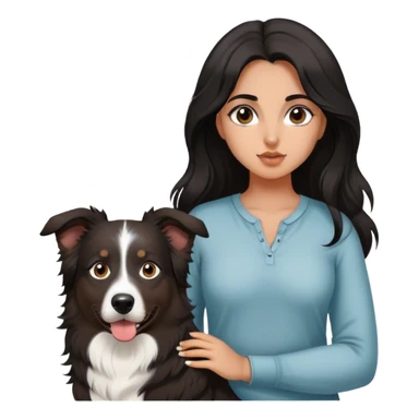 latina girl with long beautiful dark hair and dark brown eyes with a black tri Australian shepherd large sticker