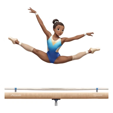 An acrobat performing a dynamic move on the balance beam, rings, or parallel bars, showcasing strength and precision. The acrobat is in mid-action, gracefully balanced, with a focused expression. The background features a professional gymnastics gym with bright lights and a cheering crowd sticker