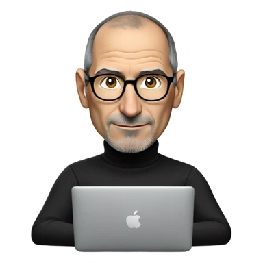 Steve Jobs wearing a black turtleneck using a MacBook. facing forward sticker