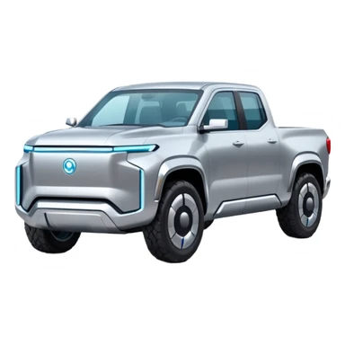 A futuristic electric pickup truck emoji, silver chrome body, angular cyber design, smooth metallic panels, subtle reflections, minimalistic proportions, iOS emoji style, centered composition, clean white background, soft lighting sticker