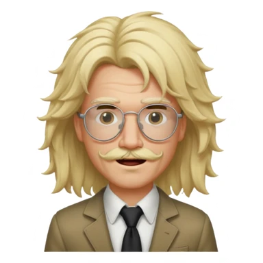 slender man with Joe Dirt-style frizzy blonde wig, rose glasses without lenses, thin scruffy beard and mustache, winking sticker