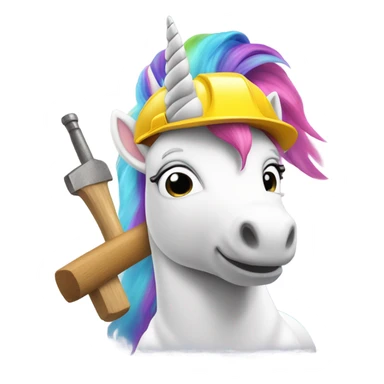 white unicorn with rainbow hair wearing a construction worker hat and holding a hammer sticker