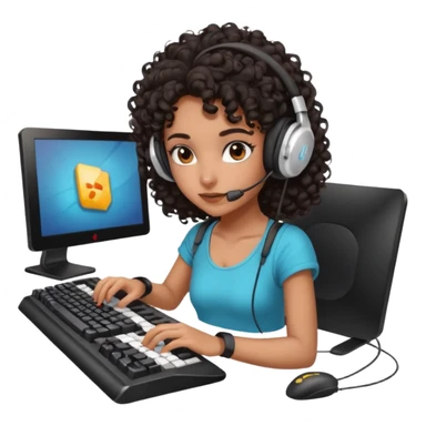 Dark Spanish girl with dark curly hair, wearing a gaming headset and playing with keyboard and mouse   sticker