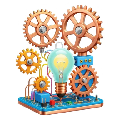 science, chemicals, mechanical gears, electronics, electric wires, light bulb, LED, resistors, circuit board, ic, physics,  nuclear model sticker
