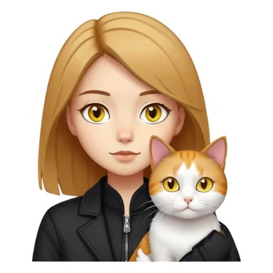 A light-skinned brown straight-haired girl wearing black jacket, along with two cats. One cat is pure white cat with yellow eyes, another is a calico cat sticker