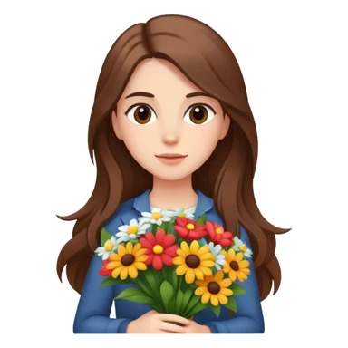 cool girl with long brown hair and fair skin tilting her head to the side while holding a bouquet of flowers sticker