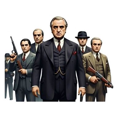 A vintage movie poster-style design featuring Don Vito Corleone surrounded by gangsters with Tommy guns. Include a dark, moody noir atmosphere with skyscrapers of New York in the background. The scene should be tense and mysterious, with a retro cinematic feel. Transparent background. sticker