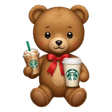 smooth texture teddy bear with red ribbon and starbucks coffee sticker